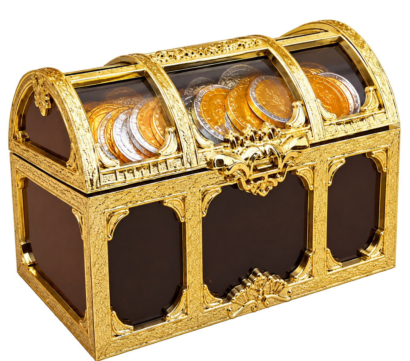 Gouden schatkist gevuld met chocomunten in gouden en zilveren folie